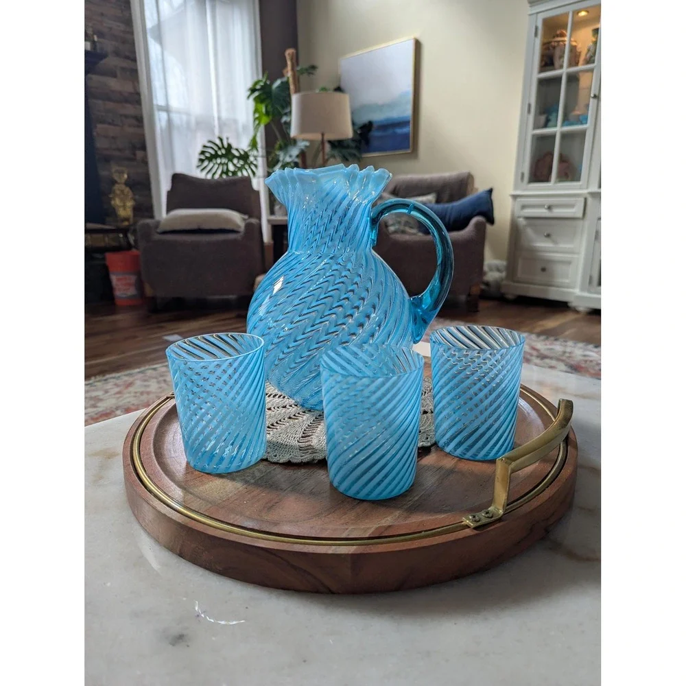 Vintage Pitcher Set Blue Hobbs Brockunier No 325 Opalescent Swirl